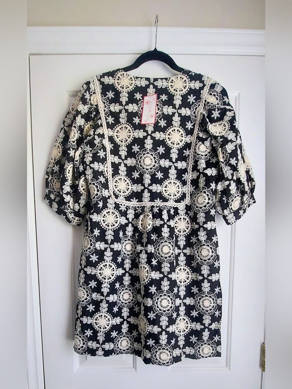JOY JOY Black Dress with Cream Embroidered Floral Lace Dress